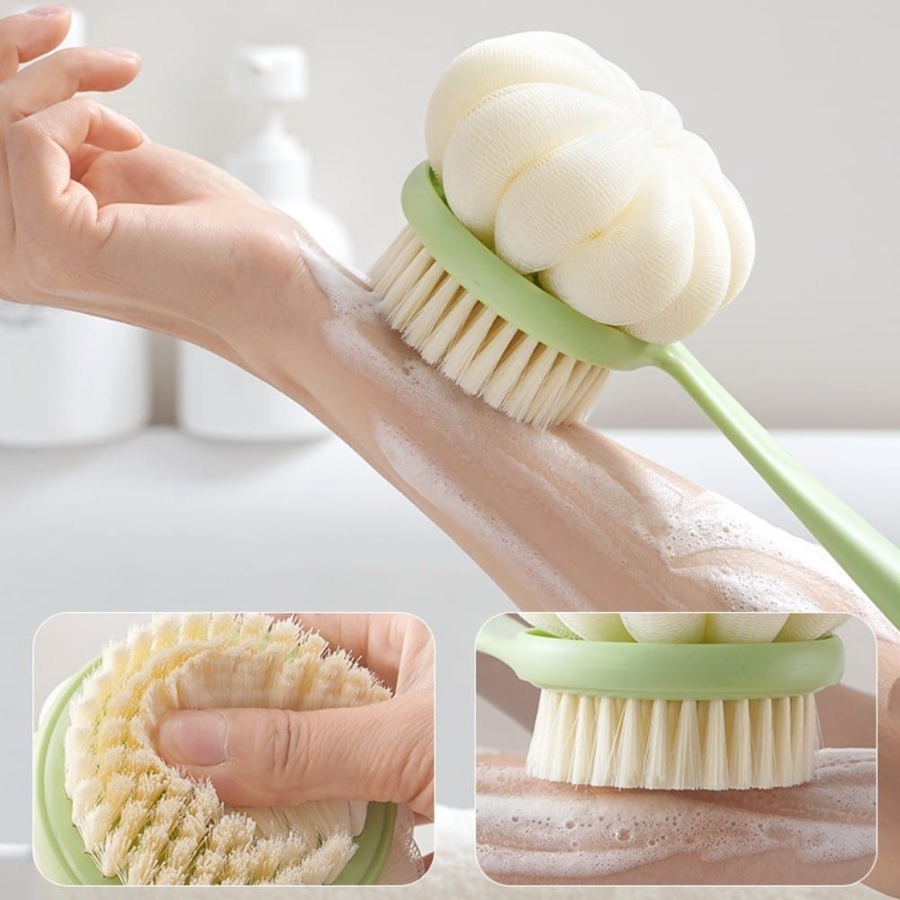 Long Handle Bath Brush Sponge Bristle Brush Dual Head Body Scrubber for Exfoliating Back Cleaning Tool