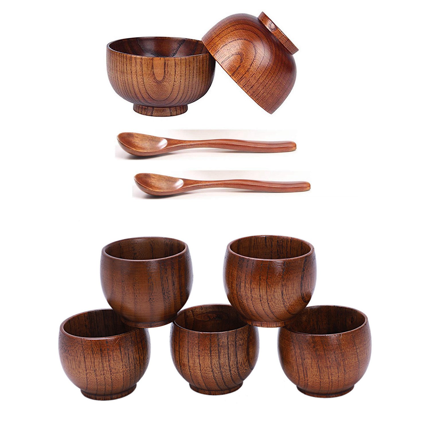 NXFDSIOZ 5Pcs Tea Set Small Wooden Cup Small Cup Green Wooden Cup with Natural Wood Wine Cup Wooden Tea Drinking Cup with 4 Pieces Wooden Handmade Bowl and Spoon