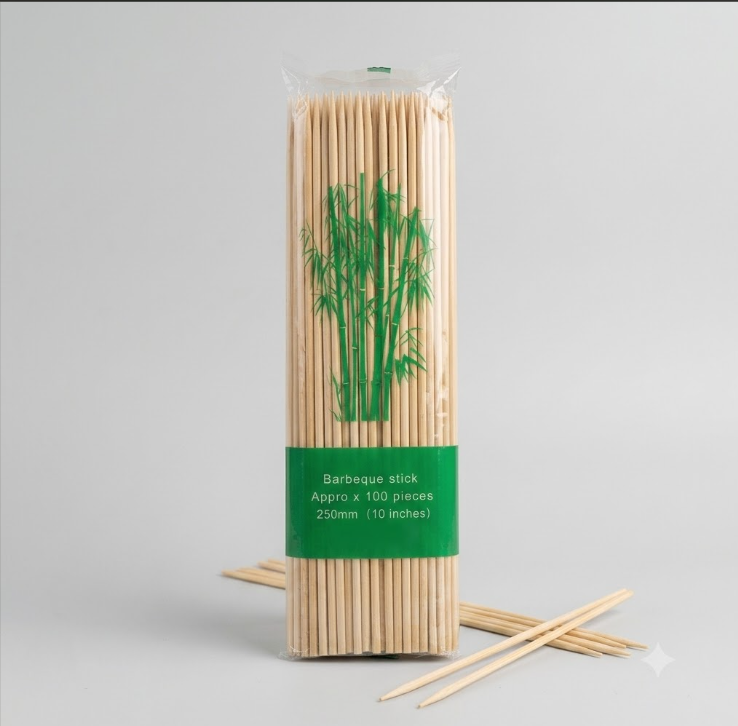 100 Pcs Premium Bamboo BBQ Skewers (10 Inch / 250mm) - Heavy Duty Wooden Sticks for Barbecue, Grilling, Meat & Fruit Kebabs