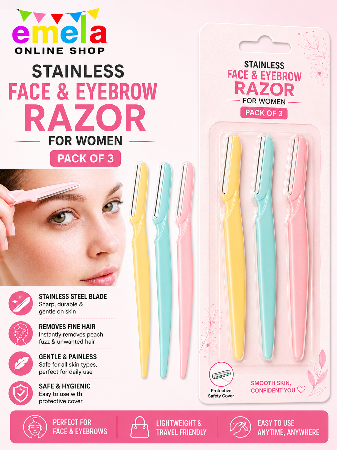 Stainless Face & Eyebrow Razor For Women -Pack of 3(PLAIN)