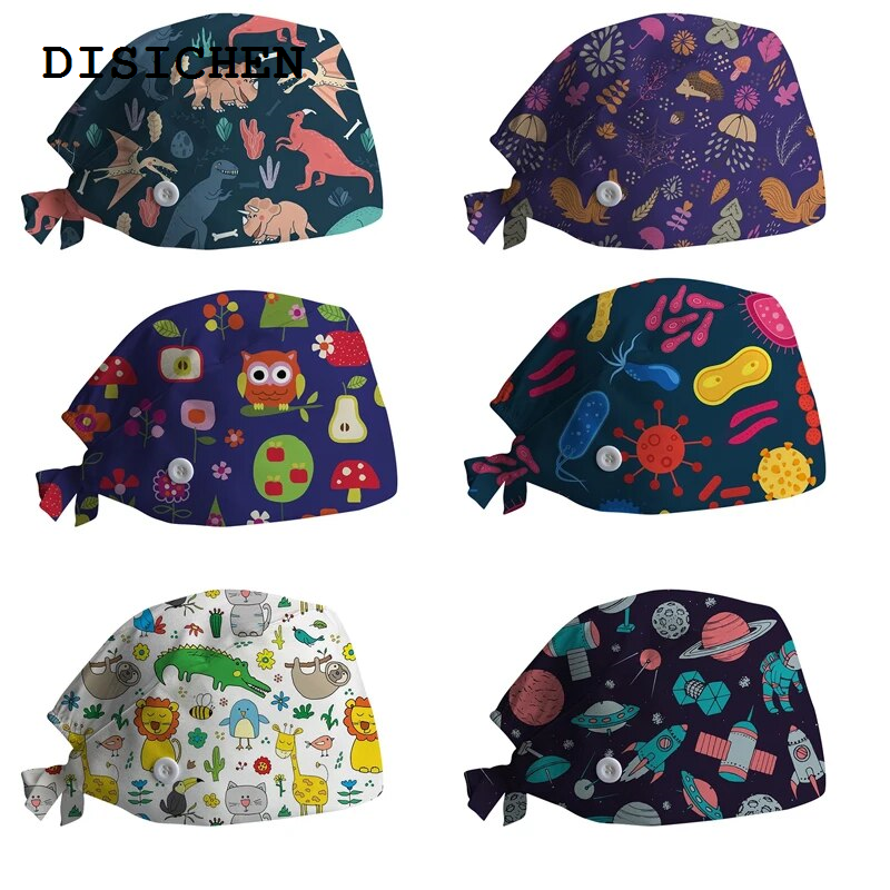 DISICHEN Original Cartoon Printing Cotton Christmas Nurse Cap Women Sweat-Absorbent Scrub Cap Dentist Hat Men Beauty Salon Care Caps Xmas Gifts