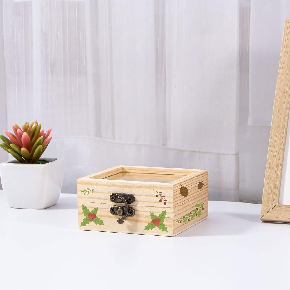1/3pcs Reusable Wooden/Glass Gift Wrapping Wooden Box Natural Colour 3.5'' X 3.5'' X 1.8'' Visual Storage Wooden Box Wooden Household Storage Box Bedroom