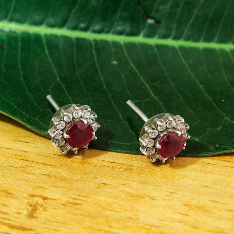 Red Ruby Pure Silver Stud Earrings For Women - 3.80G