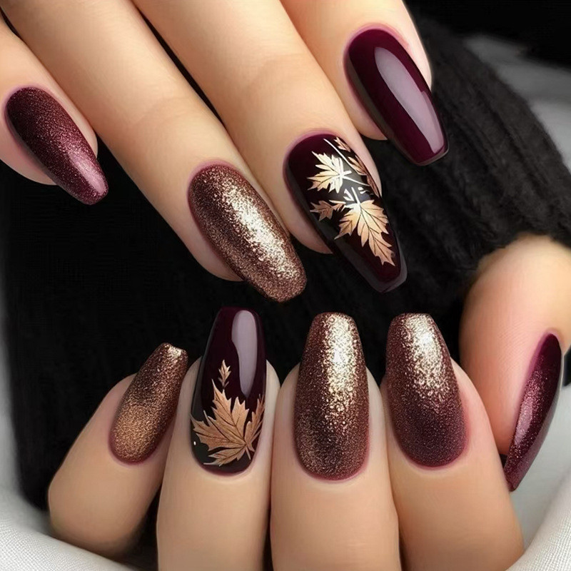 24Pcs Stylish Pattern Leaves Opal Short Fake Nails with Glue DIY Art Design False Nails Wearable Nails Artificial Nails