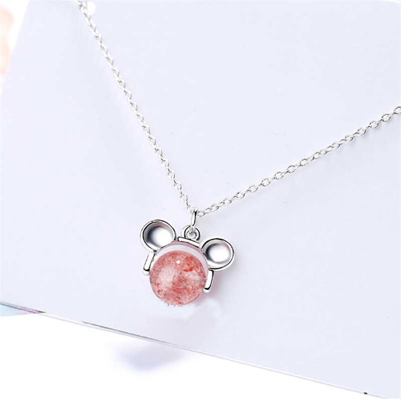 【Good sharing!】Korean Style Fresh Style Elegant Mini Pink Peach Blossom Strawberry Crystal Mouse Necklace Simple Short Women's Clavicle Chain