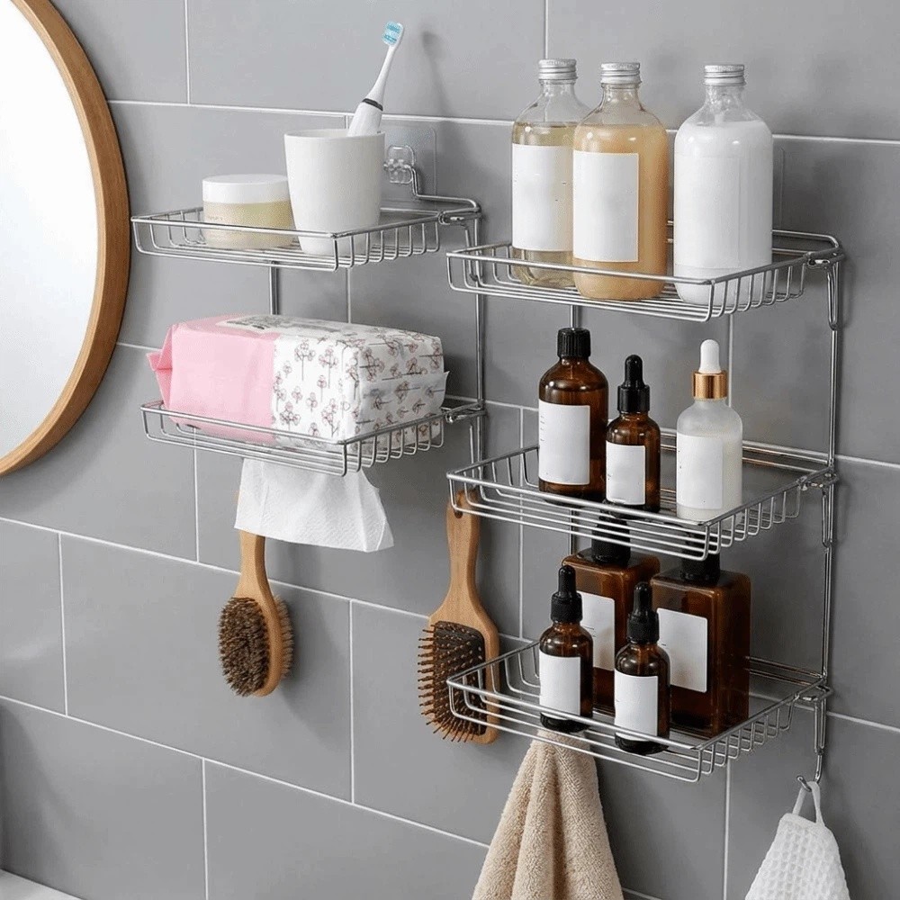 Portable Stainless Steel Folding Storage Rack Nail-Free Wall Mounted Multi-layer Storage Rack Space Saving with Hooks Bathroom Shelf Living Room