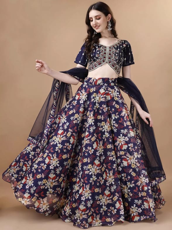Fabdale Floral Print Lehenga Choli with Dupatta | Wedding & Festive Wear (TRVT-006)