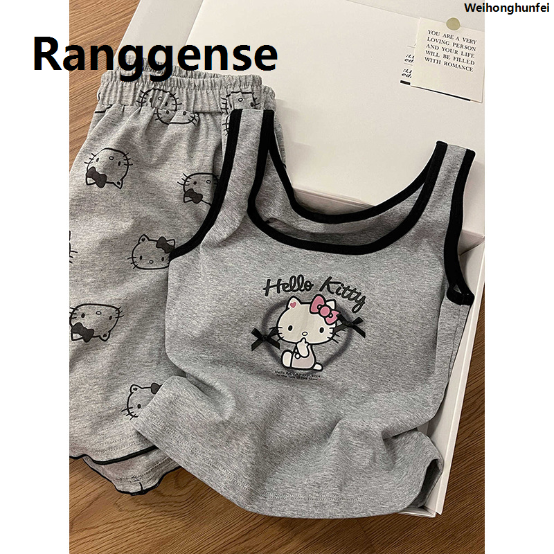 WeihonghunfeiMiniso Sanrio Hellokitty Casual Pajamas Suit Sleeveless Pad Tops Shorts 2 Piece Sets Girls Bowknots Grey Sleepwear Women Clothes Hot Selling