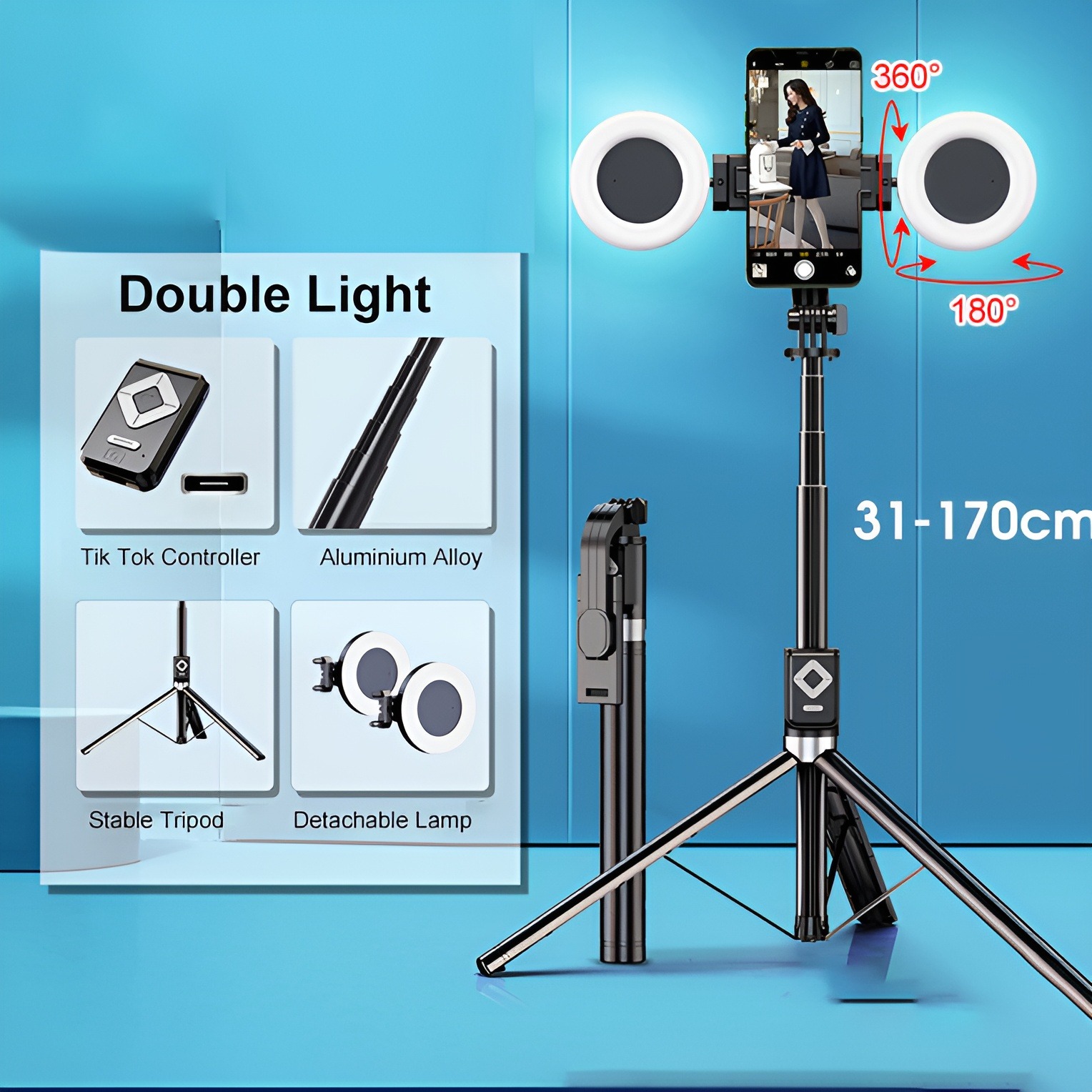 Long Selfie Stick Tripod With Lights Wireless Remote 170cm