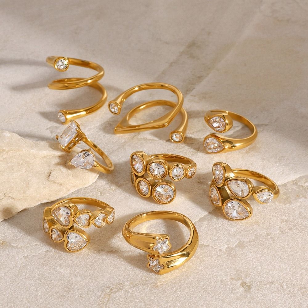 Light Luxury Stainless Steel Open Ring Asymmetric Shiny Zircon Ring Exquisite Rust Proof 18K Golden Plated Ring Vacation