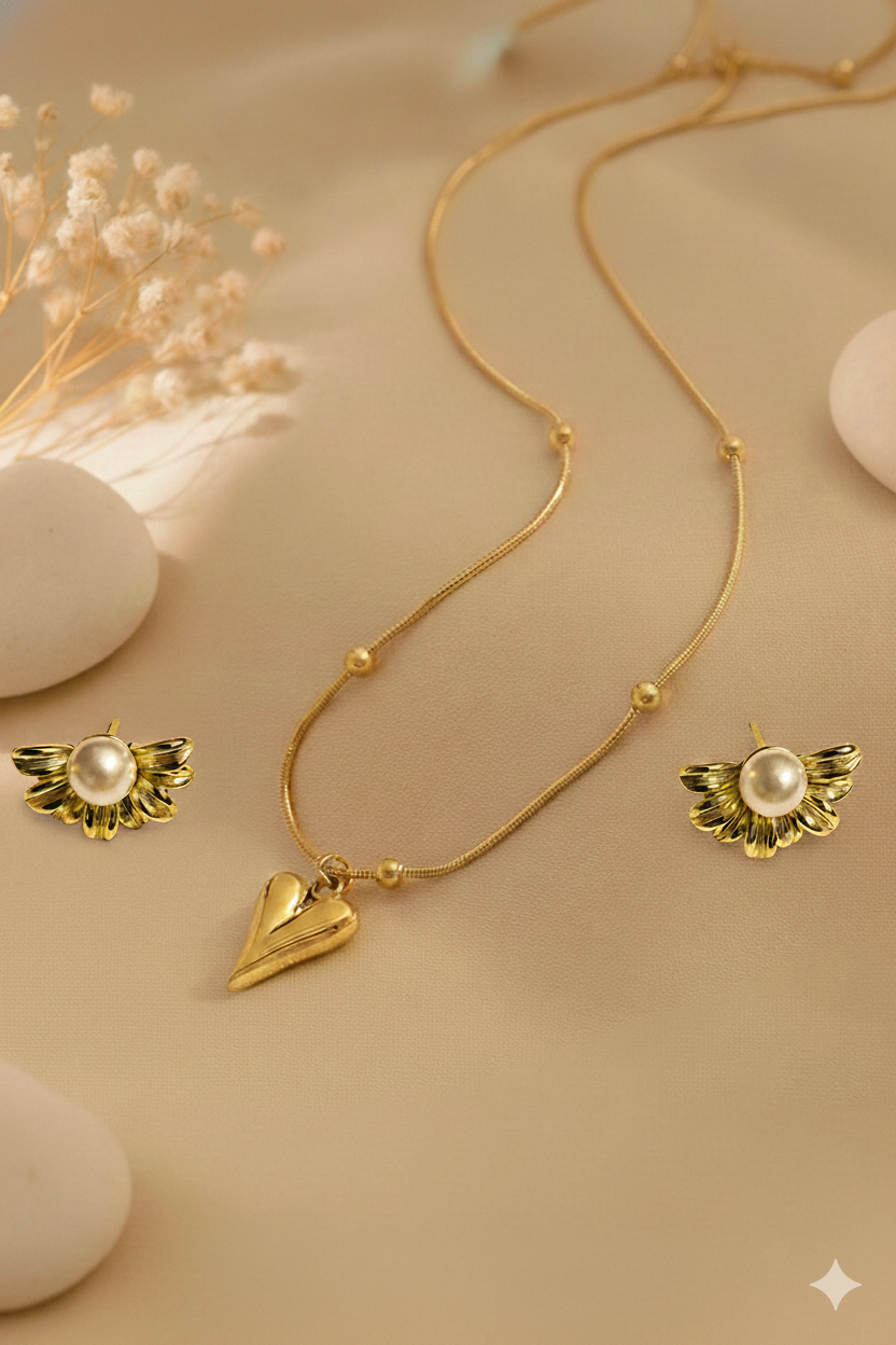 Heart shaped necklace with beautiful simple pearl flower design earrings for Women Girls Valentine special