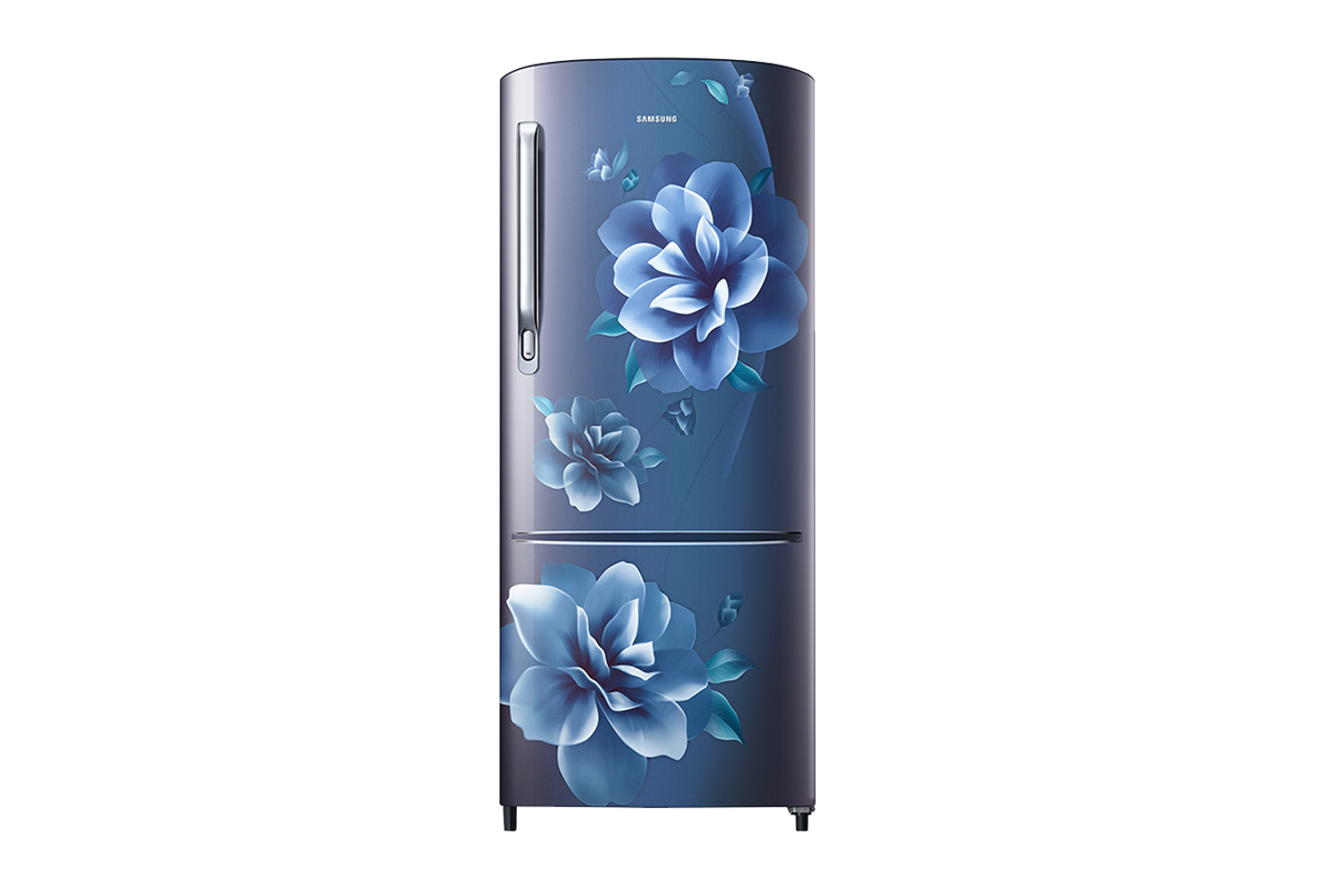Samsung 192L 4-Star Inverter Direct Cool Single Door Refrigerator with Base Stand Drawer, Camellia Blue Floral Finish, Toughened Glass Shelves, and Chrome Bar Handle (Model: RR20C2722CU/IM)