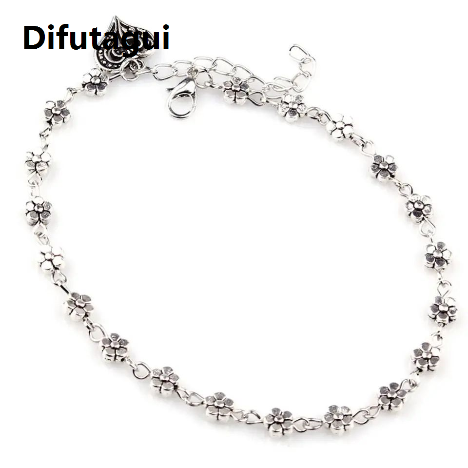 Difutagui New Fashion Foot Chain Tibetan Silver Hollow Plum Flowers Heart-Shaped Anklet For Women