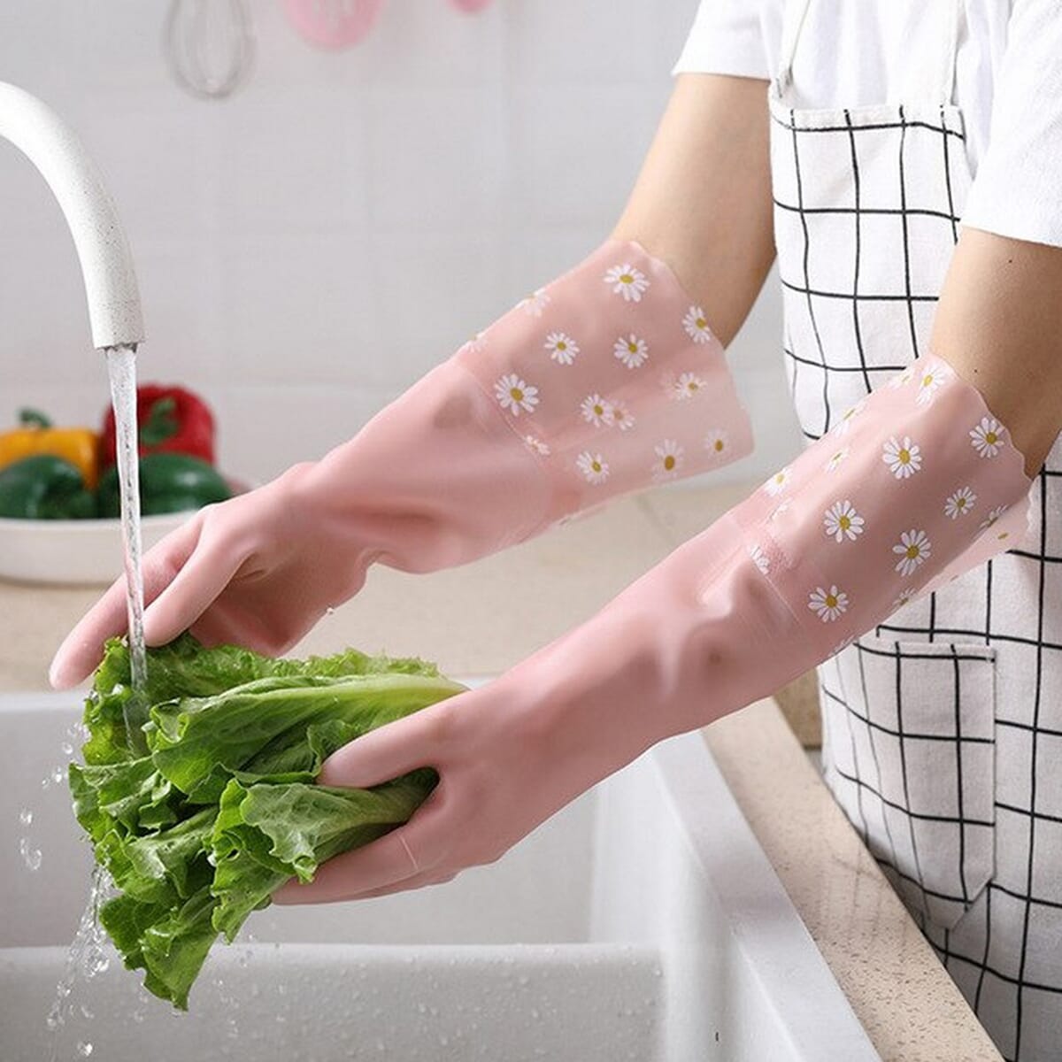 1 Pair Long Sleeve Wash Dishes Household Cleaning Gloves Kitchen Waterproof Dishwashing Gloves Rubber Bands Gloves Scrub Gloves