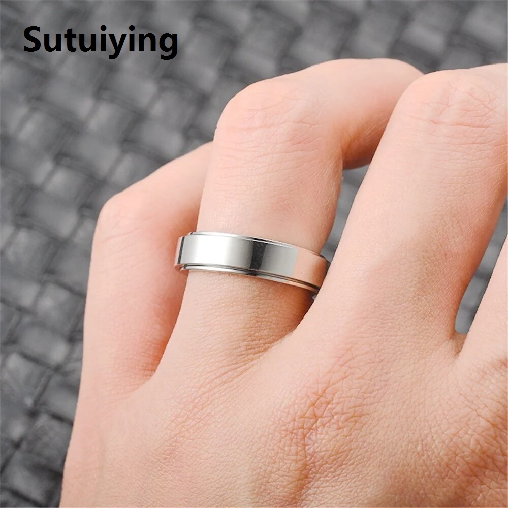 Sutuiying Anxiety Fidget Spinner Rings Black Gold Color Smooth Stainless Steel Spinning Rotate Rings for Women Men Punk Rock Jewelry
