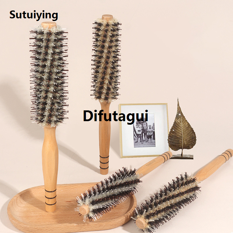 Sutuiying Natural Boar Bristle Roller Brush Barber Hair Roller Wood Hair New style Brush Round Barrel Hair Comb For Women Curly Hair Hairdressing