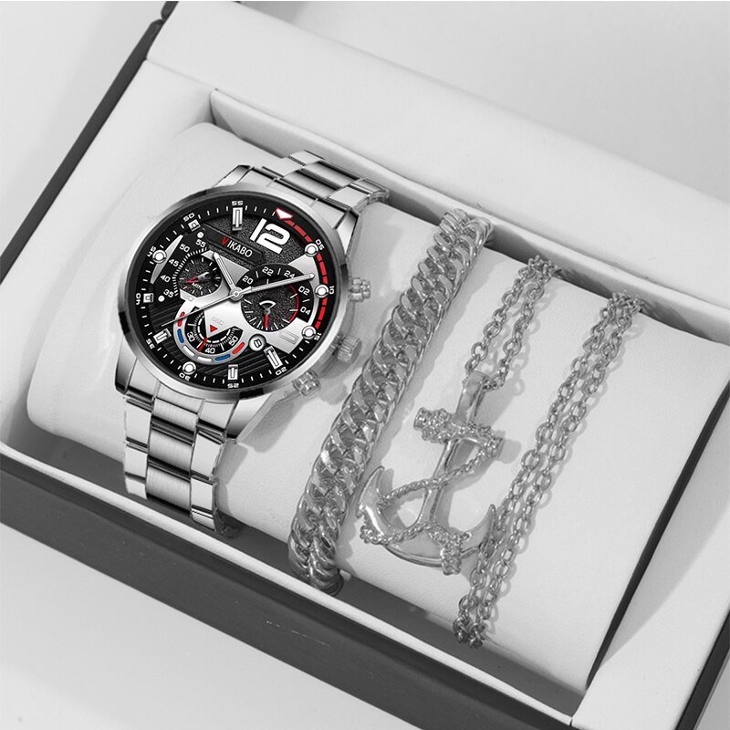 New specials 3PCS Set Fashion Mens Business Watches Male Casual Stainless Steel Quartz Wristwatch Men Gold Necklace Bracelet Wrist Watch