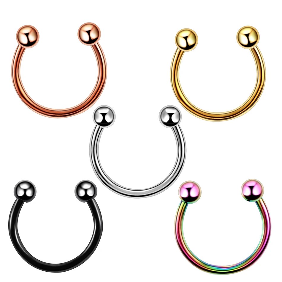 HOT 2PCS Metal Horseshoe Nose Ring C Clip BCR Septum Lip Stainless Steel Piercing Falso Nose Rings Hoop for Women Men