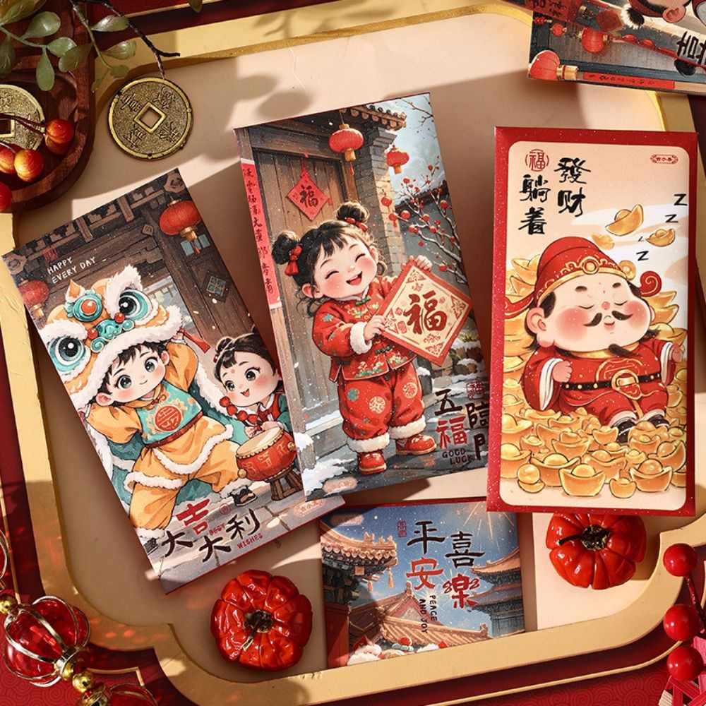 6pcs Gifts Packing Bags Chinese Style New Year Red Envelopes Traditional Blessing Good Red Packets Thickened Hongbao Children's Money Bag Spring Festival Supplies
