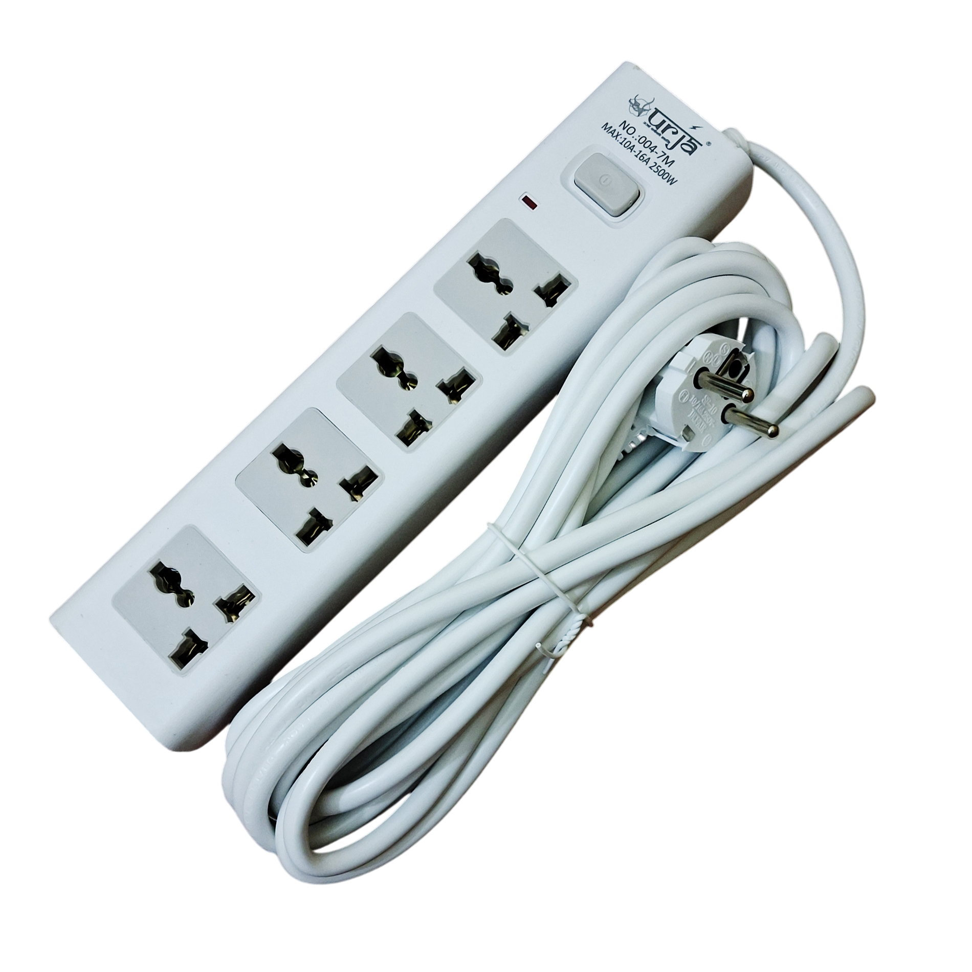 Urja 004-7M 7 Meters Heavy-Duty Extension Cord with 4 Power Outlets & Centralized Switch, 2500W/10A, Fire-Resistant, Wall-Mountable Multiplug for Home & Office Use
