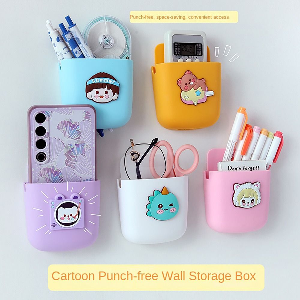Cute Plastic Storage Box Wall-Mounted Punch-free Pen Ruler Container Sticky Home Decor Remote Control Shelf for Home Student