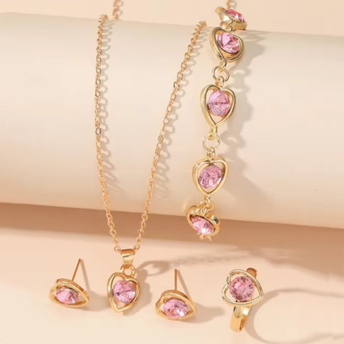 5PCS Gold Heart Shaped Jewelry Set for Women with Ring, Earrings, Necklace