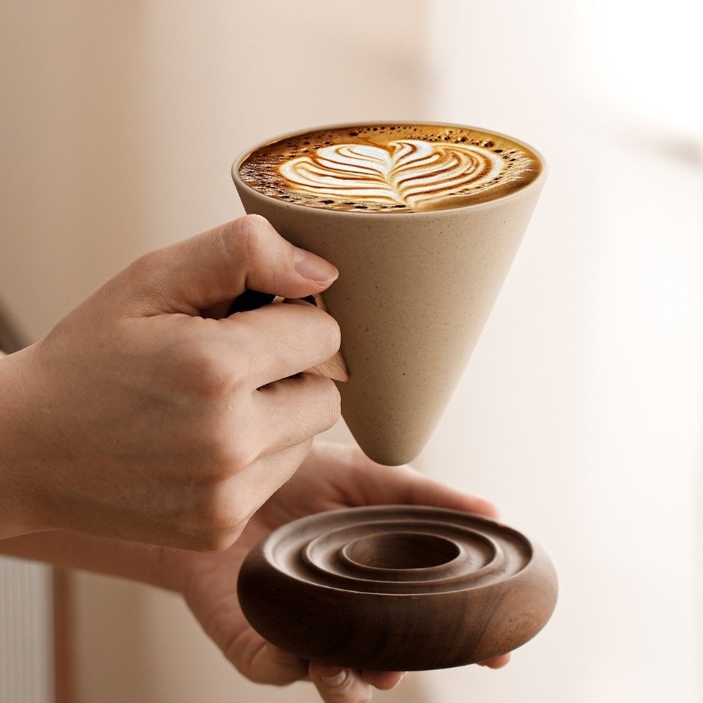 Unique Gift Coarse Ceramic Triangular Cone Cup Retro Style Wooden Base Vintage Pottery Mug Handmade with Handle Stoneware Cup Dorm Use