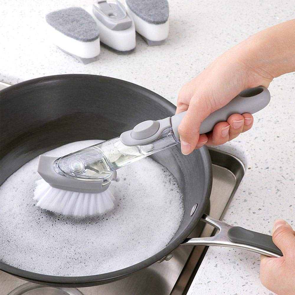 Kitchen Cleaning Brush Scrubber Dish Bowl Washing Long Handle Sponge With Refill Liquid Soap Dispenser Pot Cleaner Tool With White Wok Brush