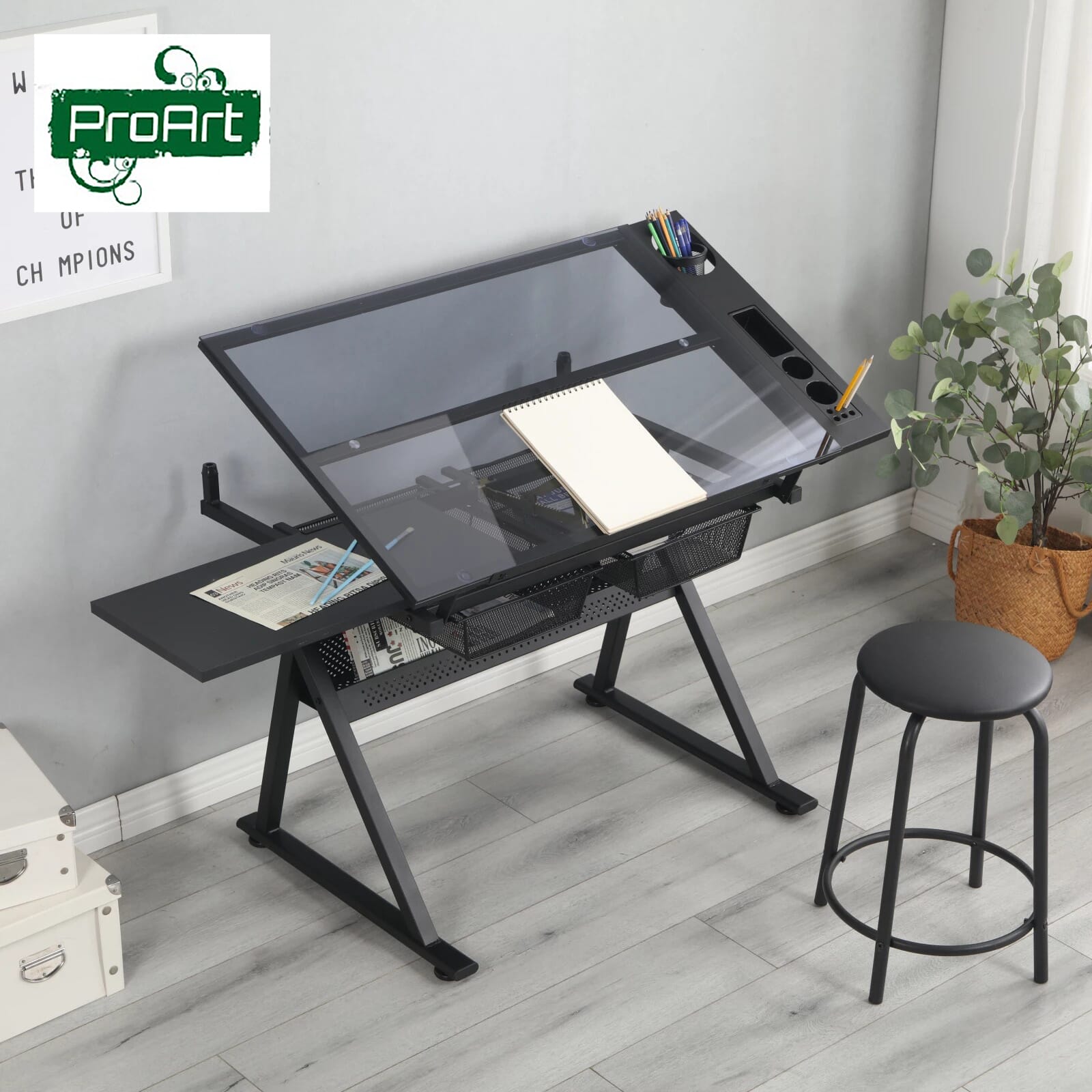 ProArt Artists' Mulifunctional Drafting Table With Adjustable Glass Top And Drawer (Stool Also Included)