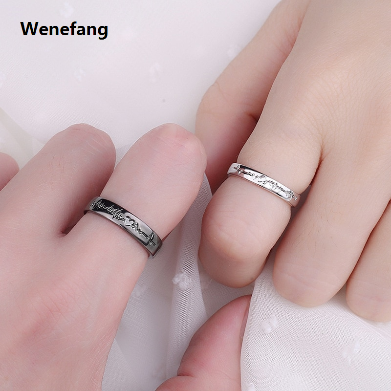Wenefang 2Pcs/set Romantic Couple Rings For Women Men Punk Heart ECG Black White Forever Love Promise Wedding Ring Valentine'S Day Gift