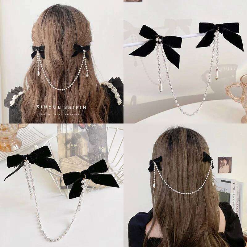 1pcs Bow Ribbon Hair Clip Simple Pearl Fringe Headdress For Women