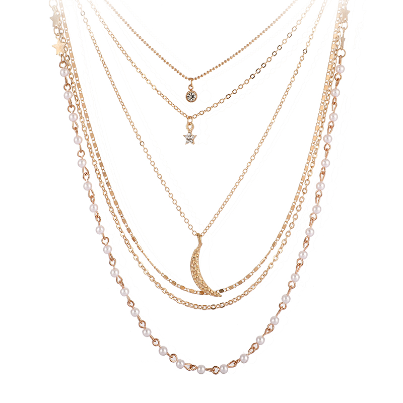 【Pocket king VOX】Tocona Charming Moon Necklace for Wo Pearl Star Clear Crystal Stone Multi-layer Gold Chain Bohemian Jewelry Gift 8940