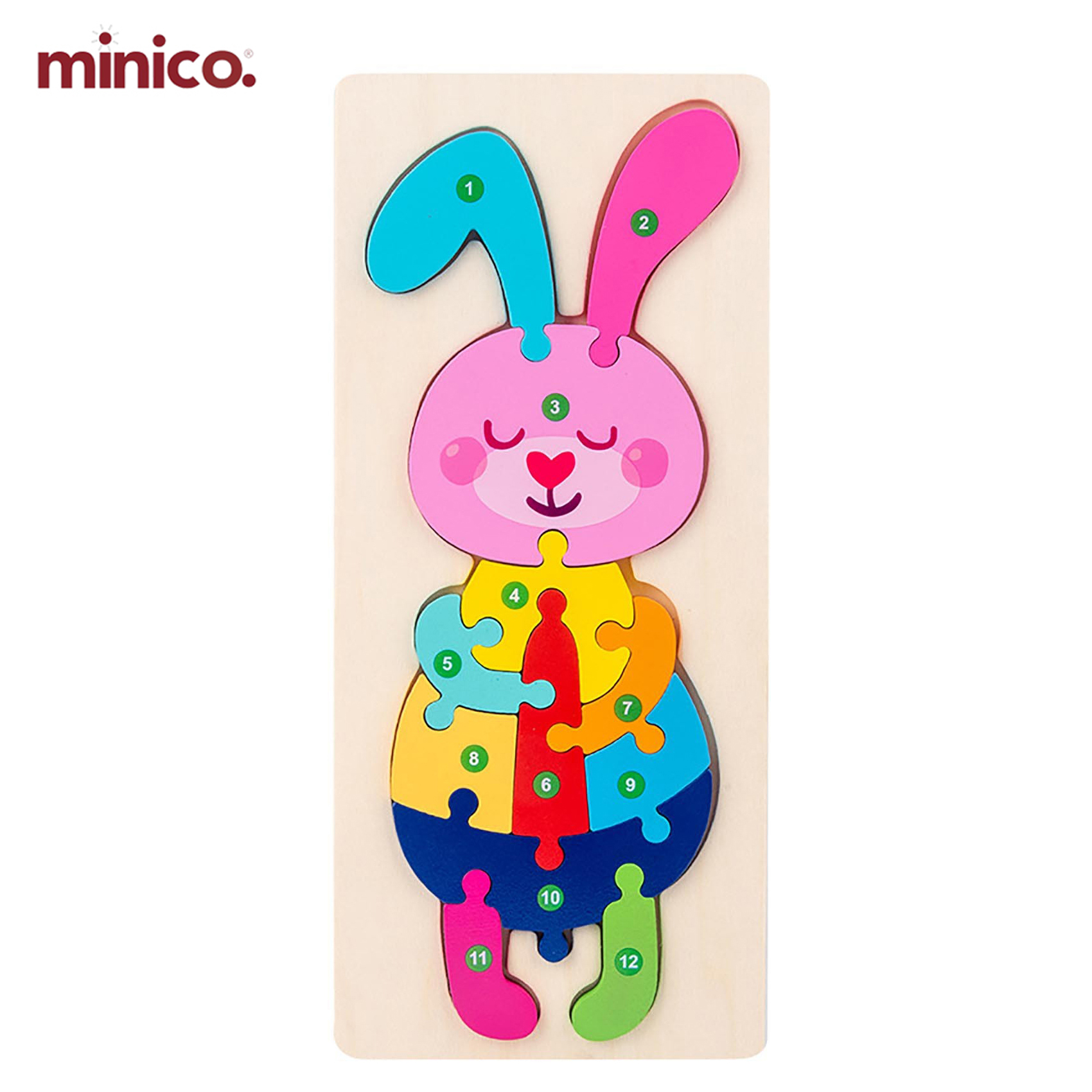 Minico Wooden Rabbit Number Jigsaw Puzzle for Kids - Educational Montessori Learning Toy | 3D Animal Shape & Color Recognition Puzzle Board for Toddlers, Boys & Girls