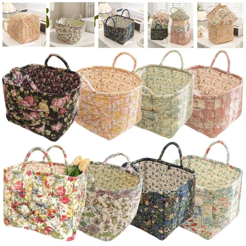 Portable Fabric Floral Pattern Storage Basket Large Capacity Quilted Design Fabric Laundry Basket Easy Carry Handles Collapsible Design Tote Shoulder Bags Home Textile Storage