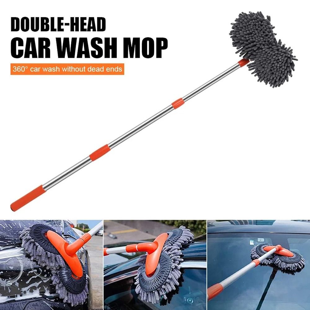 Soft Bristle Double Brush Head Car Washer Mop Long Handle Adjustable Car Cleaning Brush Non-Scratch 360° Flexible Rotation Car Window Cleaner Tool Windshield