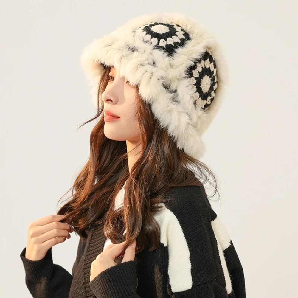 Portable Plush Fisherman Hat Rabbit Hair Bucket Hat Ethnic Style Protection Ear Female Hats Autumn/Winter