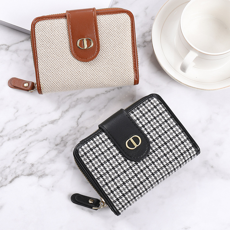 Light luxury new small wallet women's short buckle houndstooth canvas multi-card position anti-degaussing large-capacity high-end wallet