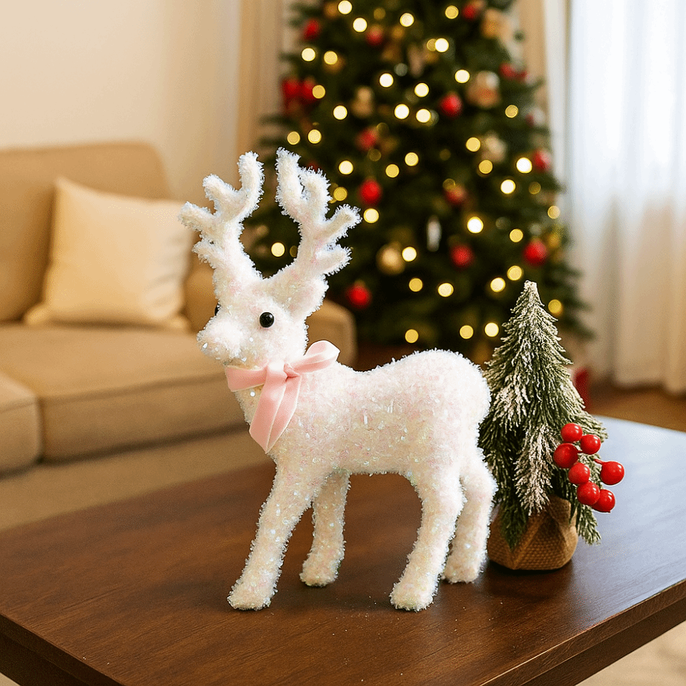 Seasonal Embellishment Cartoon Christmas Reindeer Ornaments Glittering With Bell Deer Statue Decorations With Scarf Mini Deer Pendant House