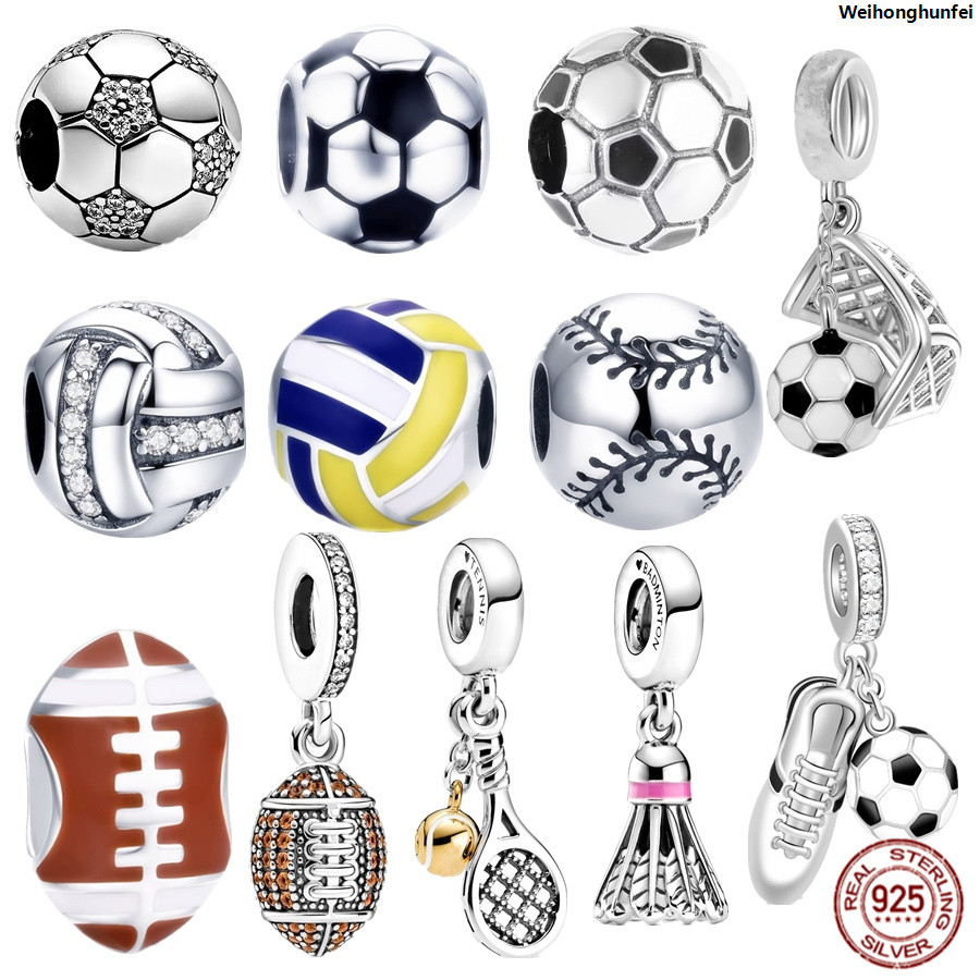 WeihonghunfeiSales promotion Sports Series Charm Jewelry Football Rugby Volleyball Beads 925 Sterling Silver Badminton Pendant Fit Original Pandora Bracelet