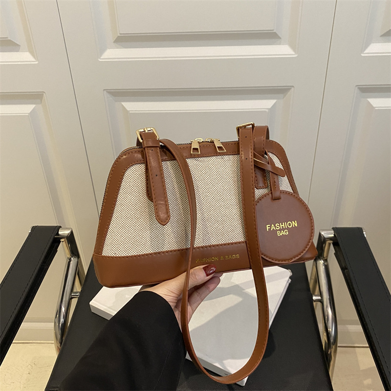 Vintage handbag for women, summer high-fashion linen patchwork Boston bag, color-blocking shoulder and crossbody bag