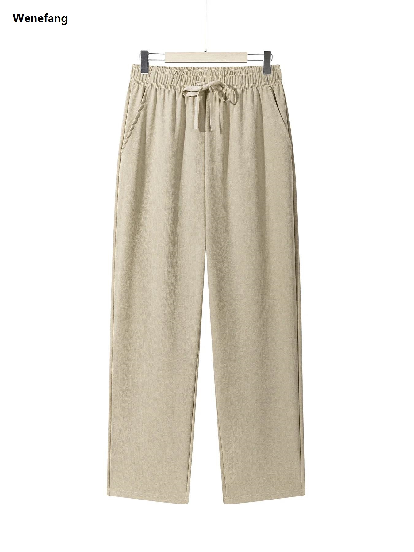 Wenefang Summer Men's Straight Trousers Casual Solid Color Breathable Fashion Drawstring Long Pants Sweatpants Streetwear Men Baggy Pants