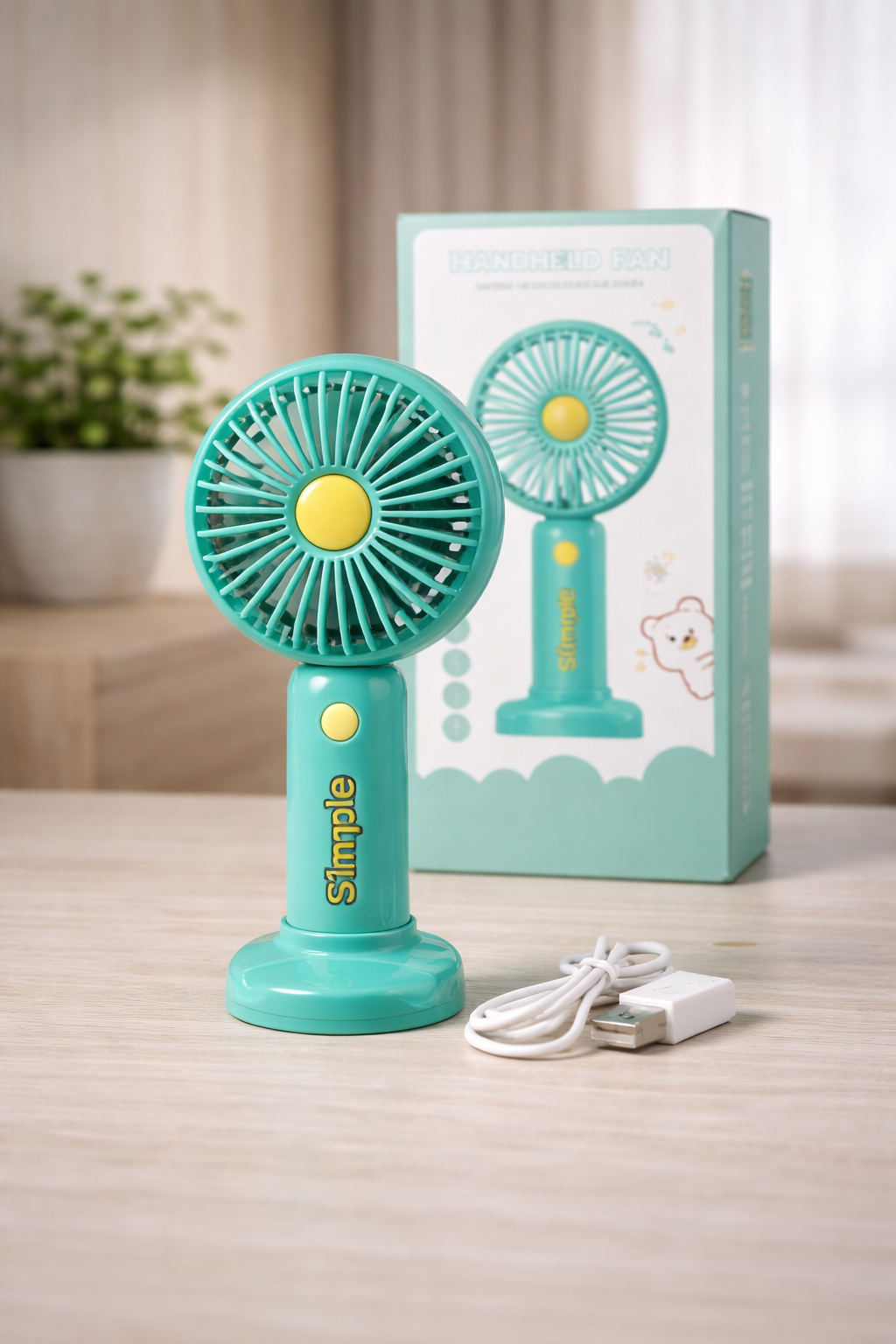 Simple Portable USB Rechargeable Mini Desk & Handheld Fan - 3 Speed Quiet Cooling Fan with Stand (Multi-Color)
