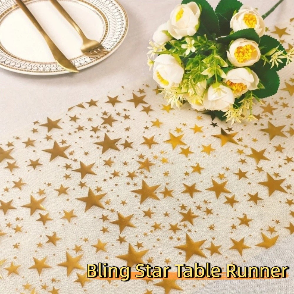 Home Decor Sheer Mesh Bling Star Table Runner Star Pattern Romantic Birthday Table Flag Cloth Shimmery Table Cloths Home Party