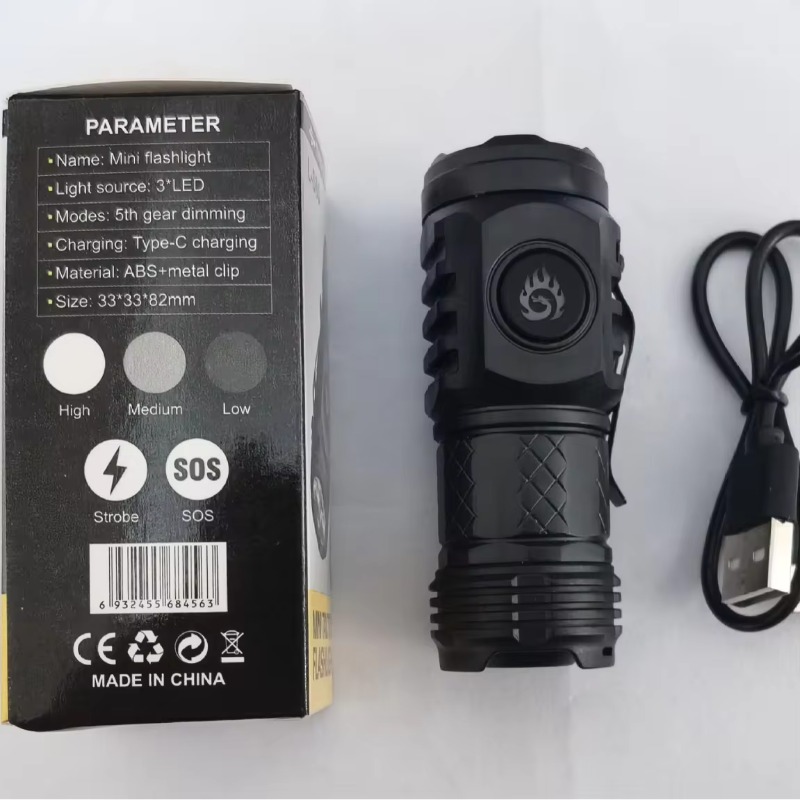 Portable Mini flashlight Tactical Torch Super Bright 3 LED Flashlight Type-C Rechargeable Camping Light ABS with Metal Clip Hiking Lamp