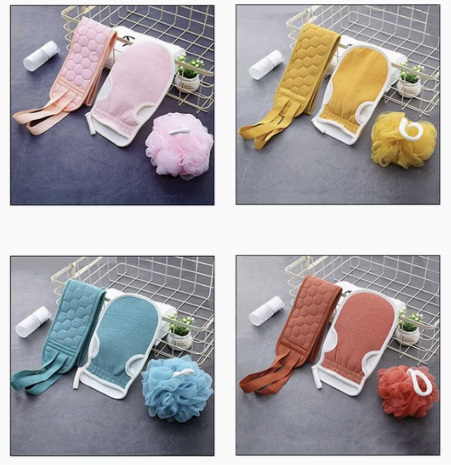 3 in 1 Bath Shower Scrubber Set, Exfoliating Back Scrubber, Exfoliating Gloves, Bath Loofah Sponge Set (Set of 1)