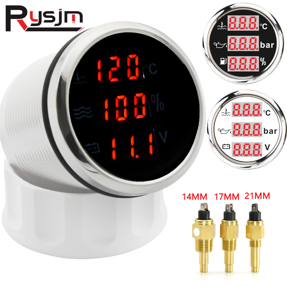 NEW 【Innovative design】Hd 52mm Digital 3 In 1 Multi-Function Gauge Car Boat Water Temperature Sensor Water Level Gauge Voltage Meter With Alarm 9-32v