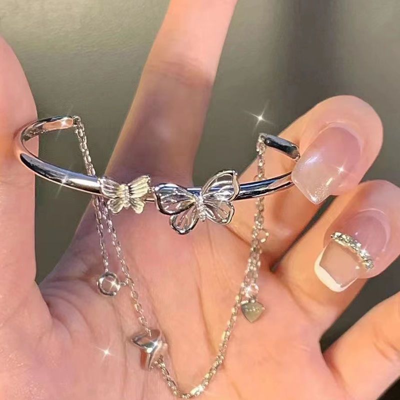 Sweet Looks Adjustable Size Sweet Double Layer Chain Butterfly Charm Bracelet Open Bangle Girls Fine Jewelry Bracelets
