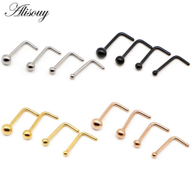 Alisouy 1PC Studs Ball Round Rings L-Shape Gold Color Nostril Stainless Steel Nose Piercing Body Jewelry For Women