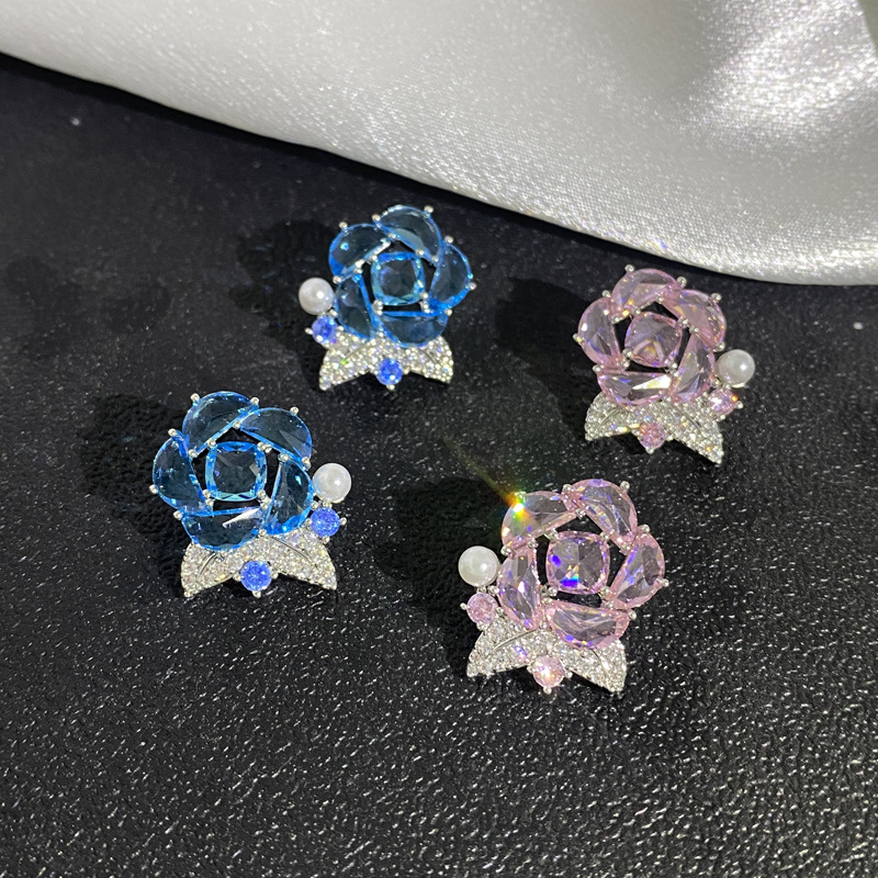 【Top Picks】French Sweet Pearl Embellished Rose Camellia Ear Studs Temperament High-grade Transparent Flower Earrings Women's Ear Jewelry