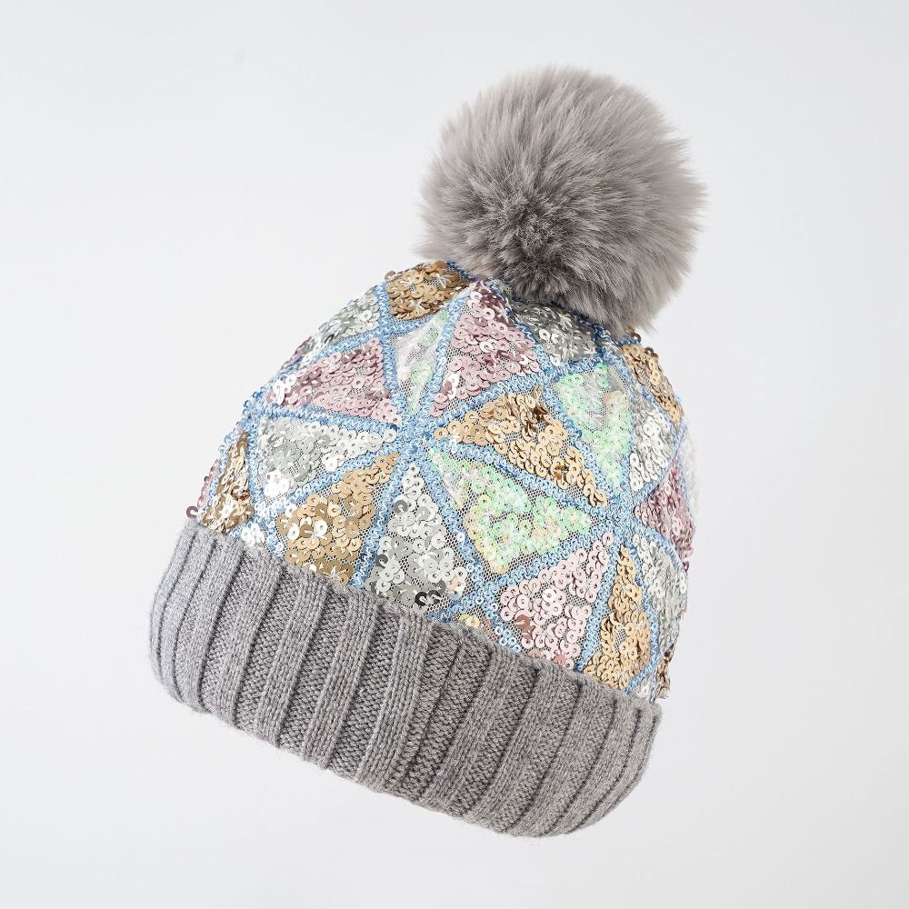 NEW Sequin Women Warm Beanies Hats Removable Plush Ball High Elasticity Pullover Yarn Hat Casual Keep Warm Knitting Cap Autumn Winter